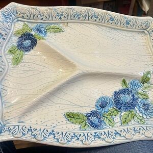 Vintage Lefton 70s 6499 Floral Farmhouse MCM Blue White Divided Platter-Ceramic